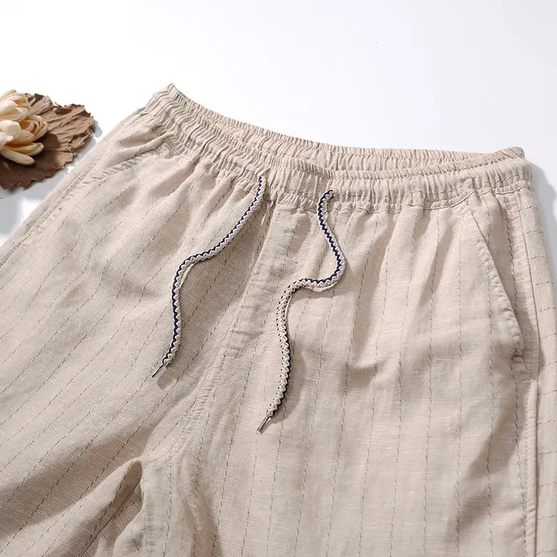 Men Japanese Retro Striped Linen Shorts Blue