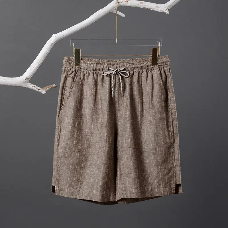 Men Japanese Retro Striped Linen Shorts Blue