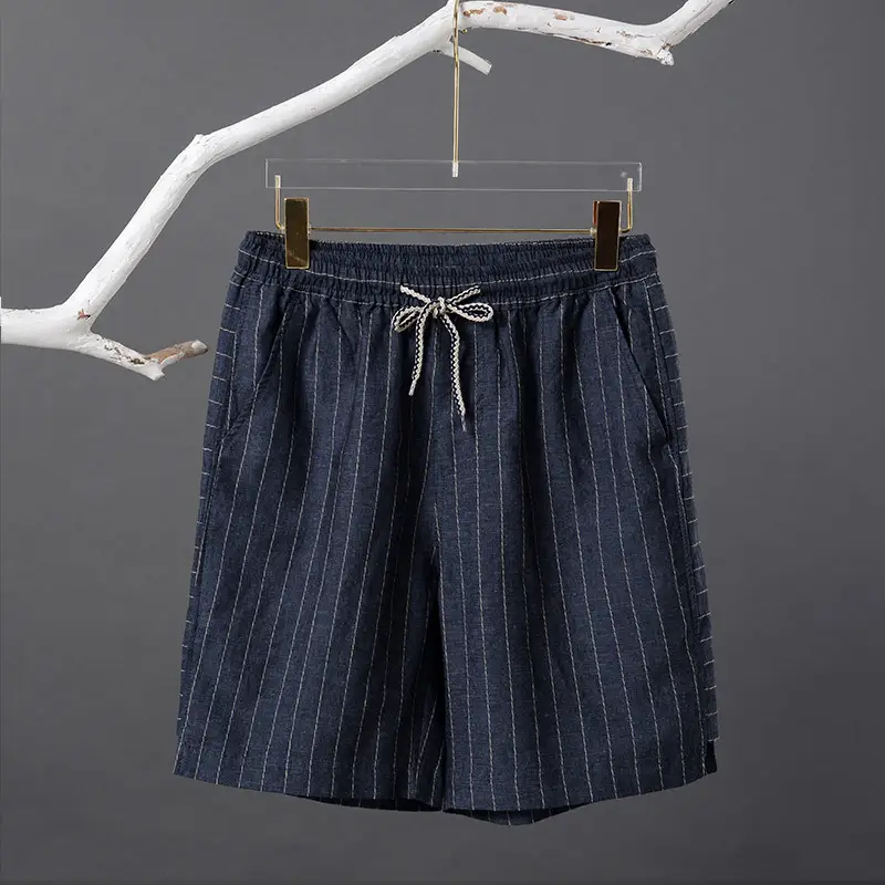 Men Japanese Retro Striped Linen Shorts Blue