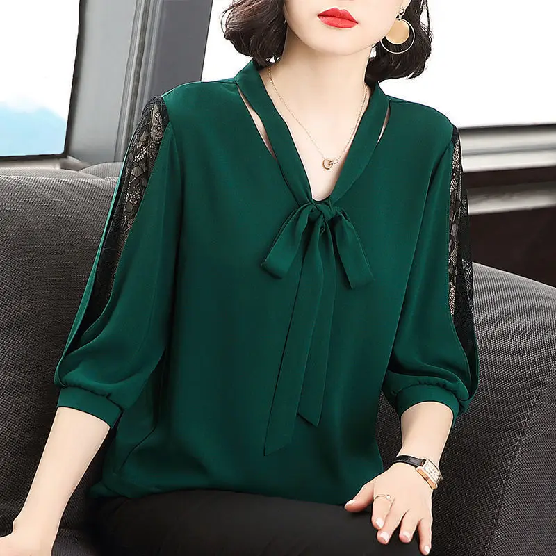 Green Chiffon V-Neck Bow Shirt Large - Image 3