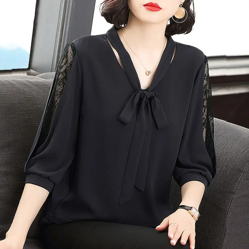 Green Chiffon V-Neck Bow Shirt Large - Image 4