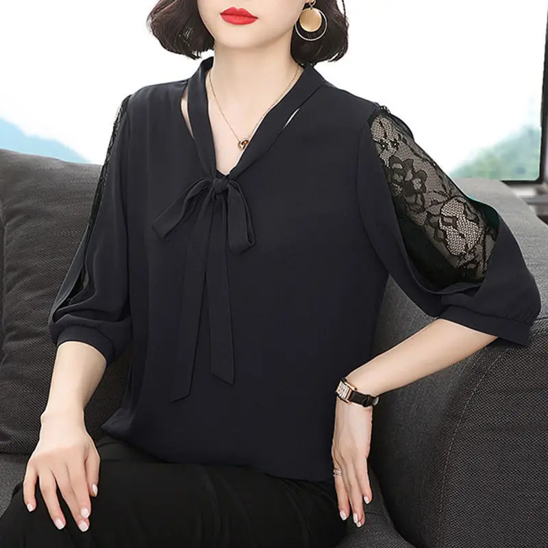 Green Chiffon V-Neck Bow Shirt Large - Image 5