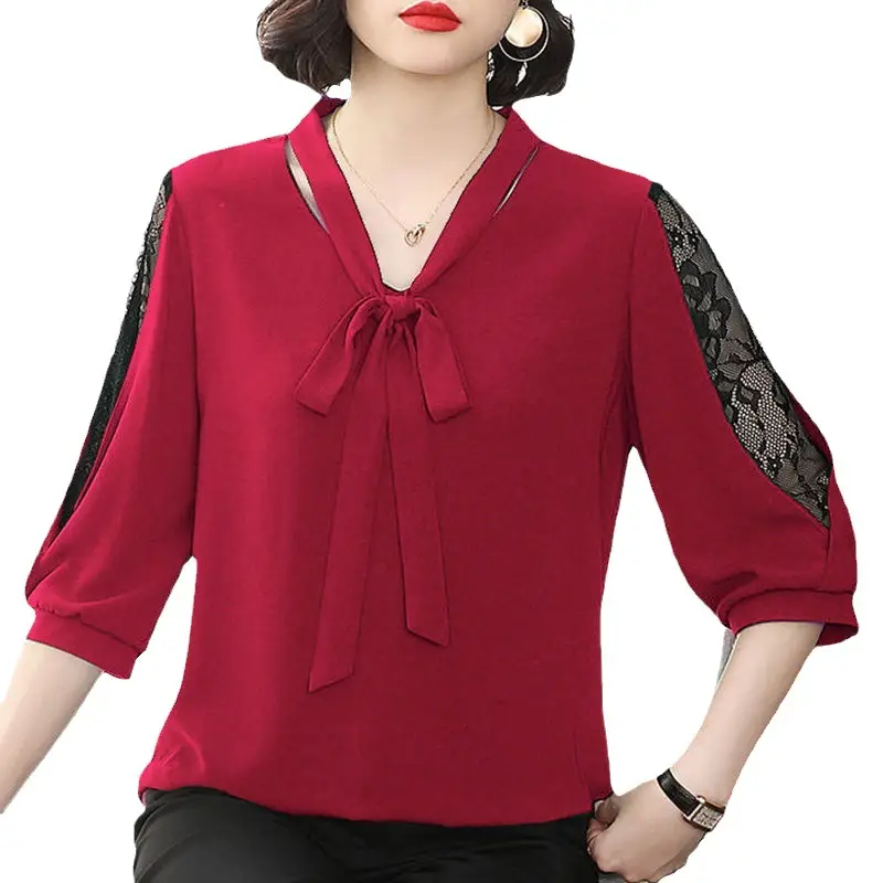 Green Chiffon V-Neck Bow Shirt Large - Image 6
