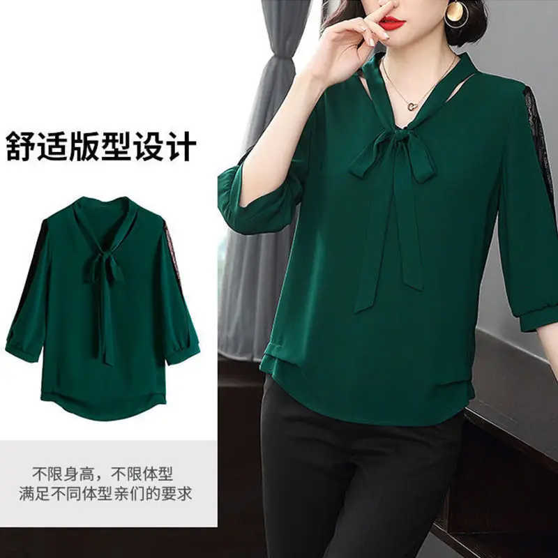 Green Chiffon V-Neck Bow Shirt Large — feature 1