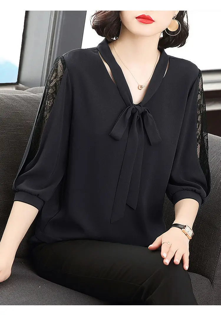 Green Chiffon V-Neck Bow Shirt Large — feature 10