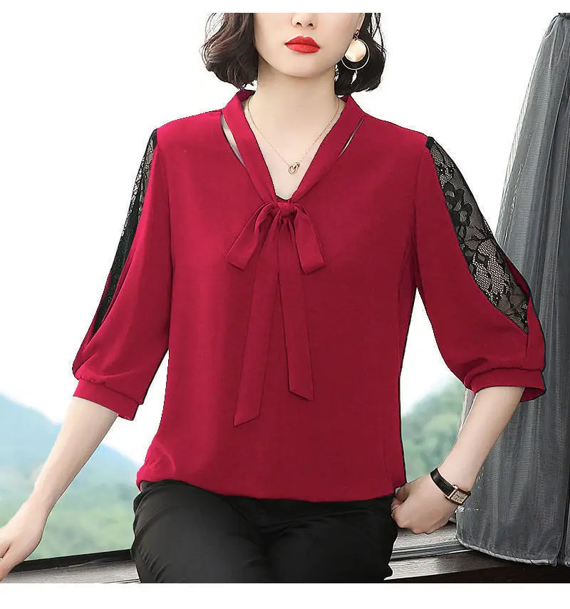 Green Chiffon V-Neck Bow Shirt Large — feature 11