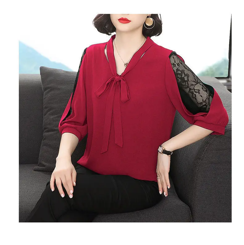 Green Chiffon V-Neck Bow Shirt Large — feature 12