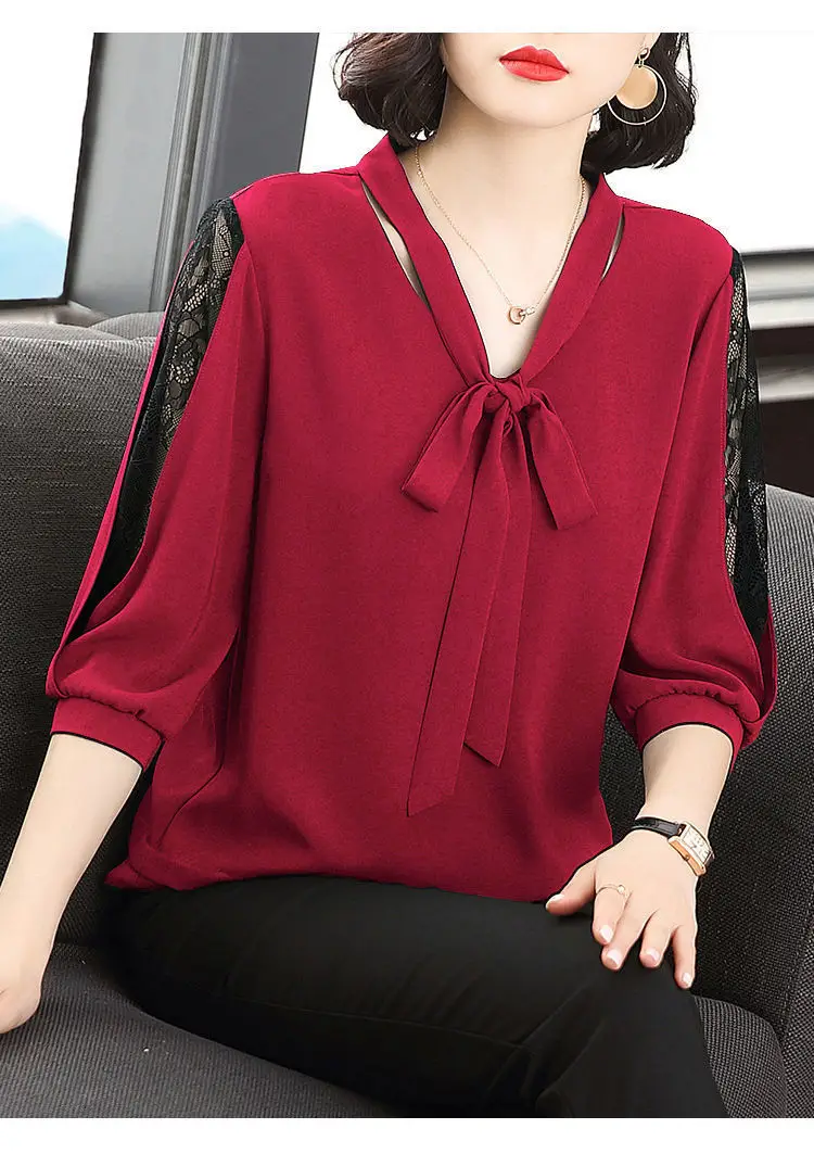 Green Chiffon V-Neck Bow Shirt Large — feature 13