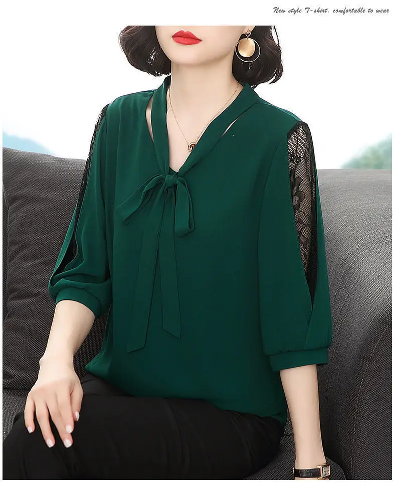 Green Chiffon V-Neck Bow Shirt Large — feature 5