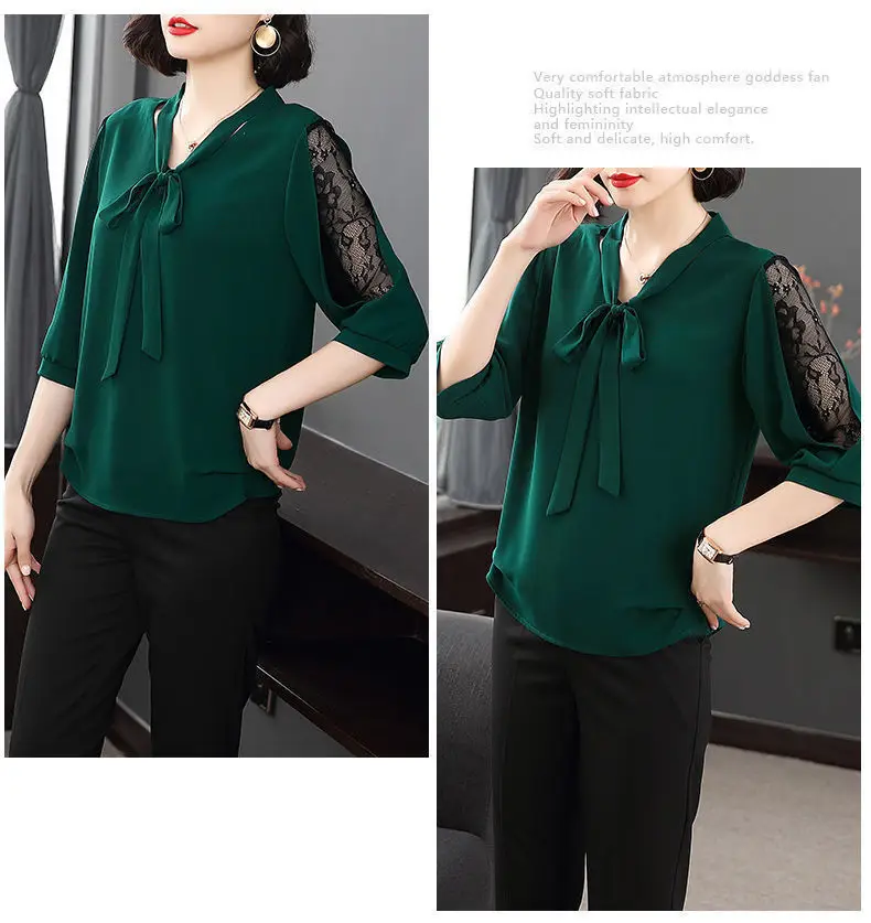 Green Chiffon V-Neck Bow Shirt Large — feature 6