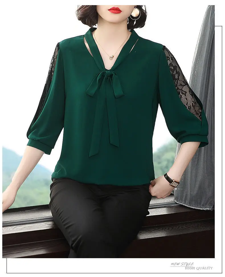 Green Chiffon V-Neck Bow Shirt Large — feature 7