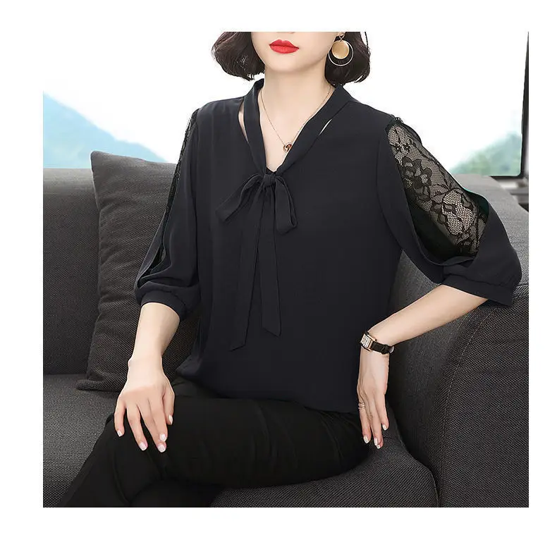 Green Chiffon V-Neck Bow Shirt Large — feature 8