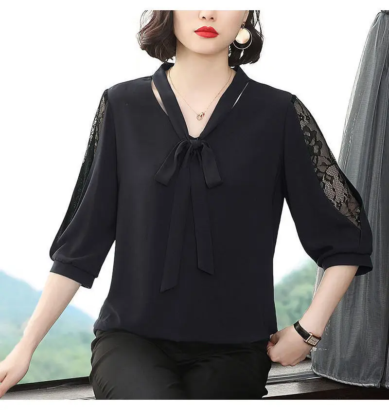 Green Chiffon V-Neck Bow Shirt Large — feature 9