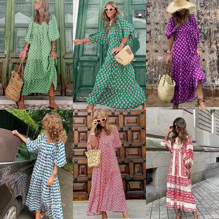 Purple Geometric Collage Puff Sleeve Dress for Plus Size Women - Image 15
