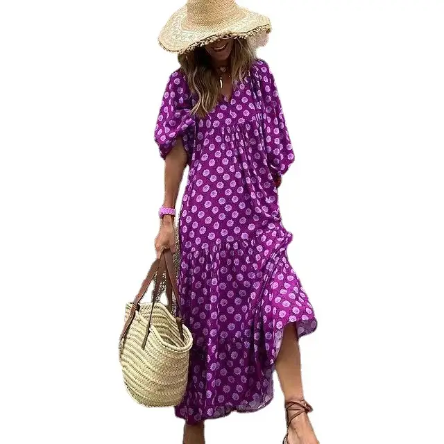 Purple Geometric Collage Puff Sleeve Dress for Plus Size Women - Image 19