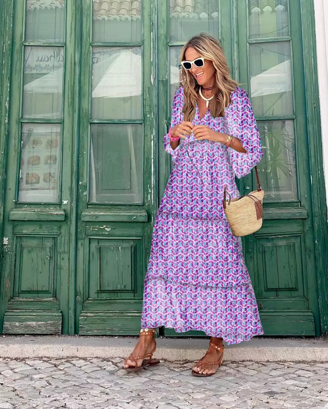 Purple Geometric Collage Puff Sleeve Dress for Plus Size Women - Image 8