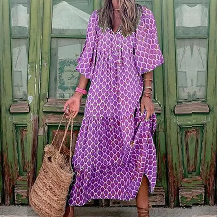Purple Geometric Collage Puff Sleeve Dress for Plus Size Women - Image 11