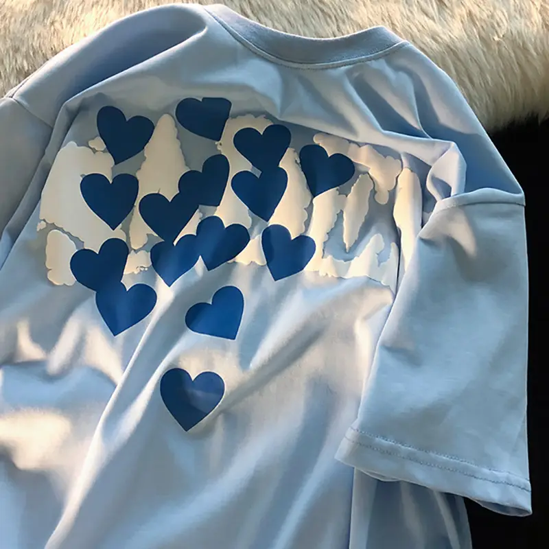 Women Love Foam Heart Print T-Shirt Light Blue