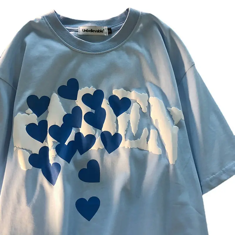 Women Love Foam Heart Print T-Shirt Light Blue