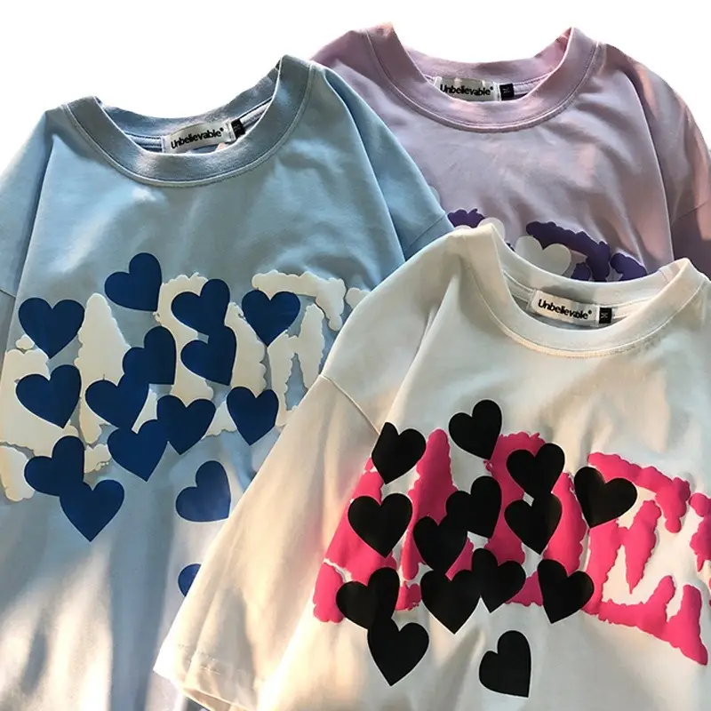 Women Love Foam Heart Print T-Shirt Light Blue