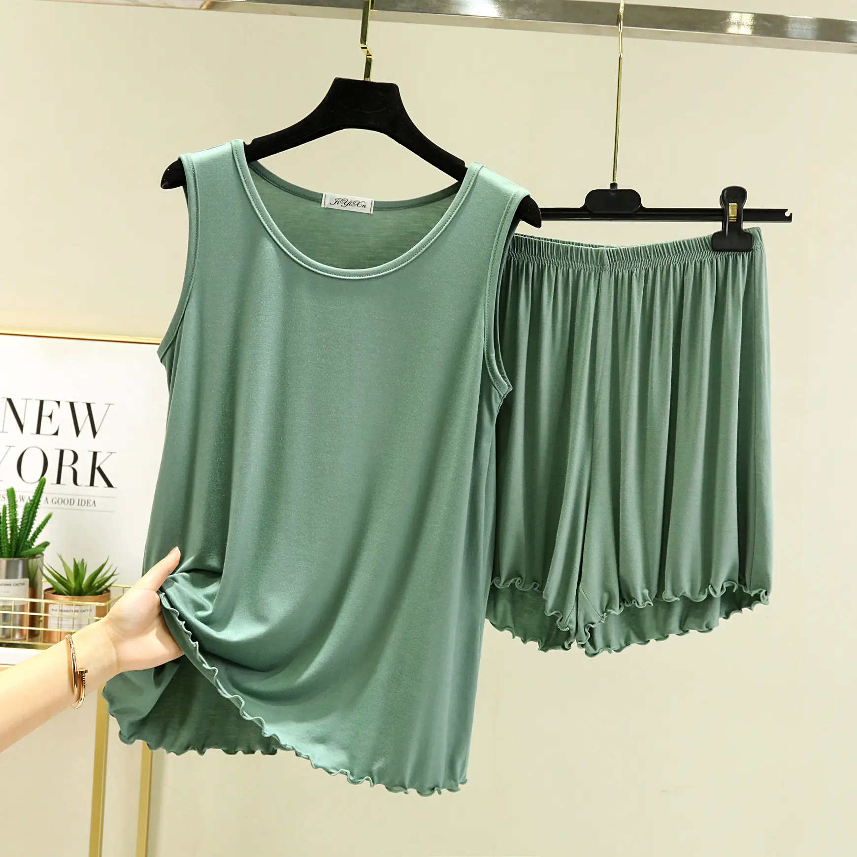 Black Modal Crewneck Vest & Shorts Set for Women