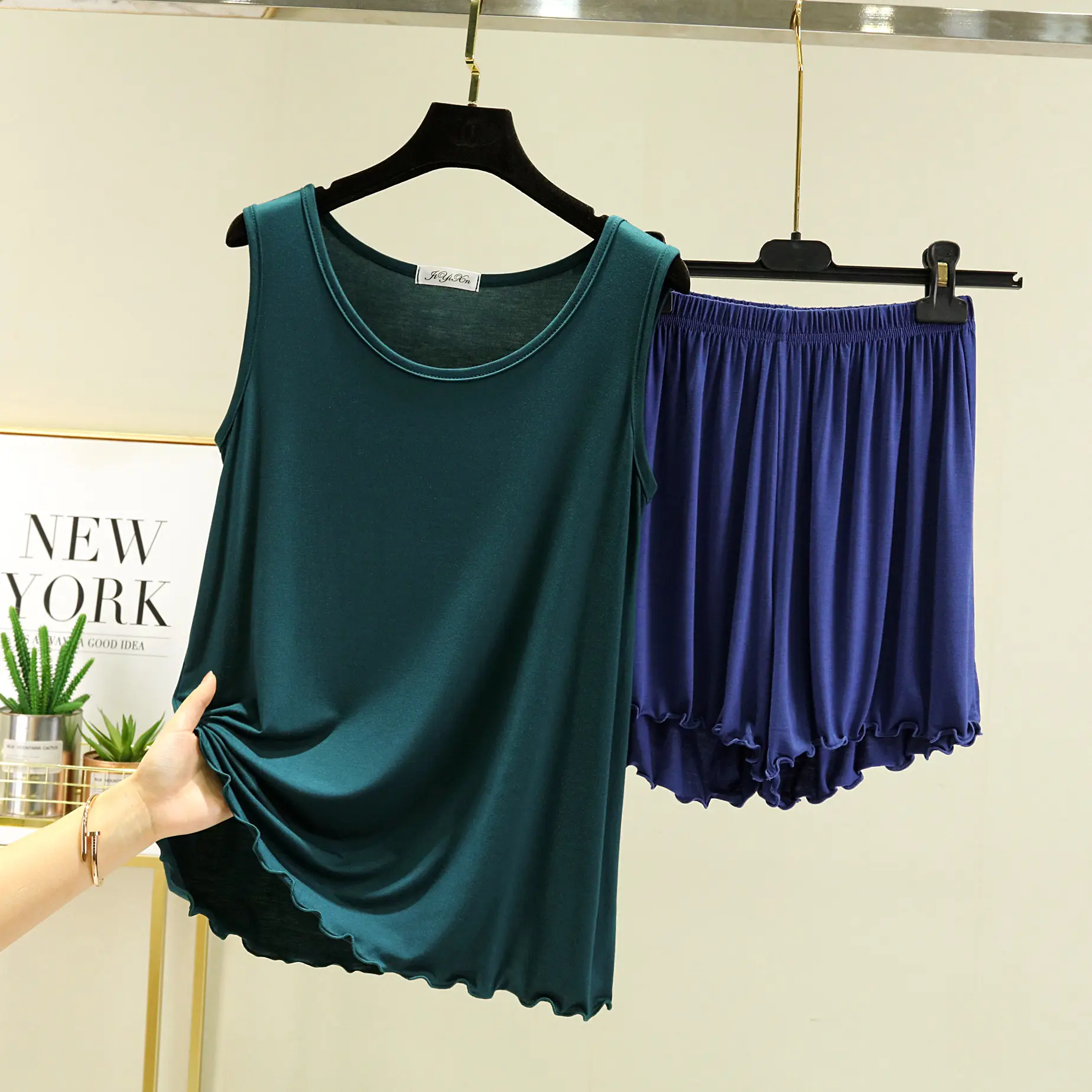 Black Modal Crewneck Vest & Shorts Set for Women