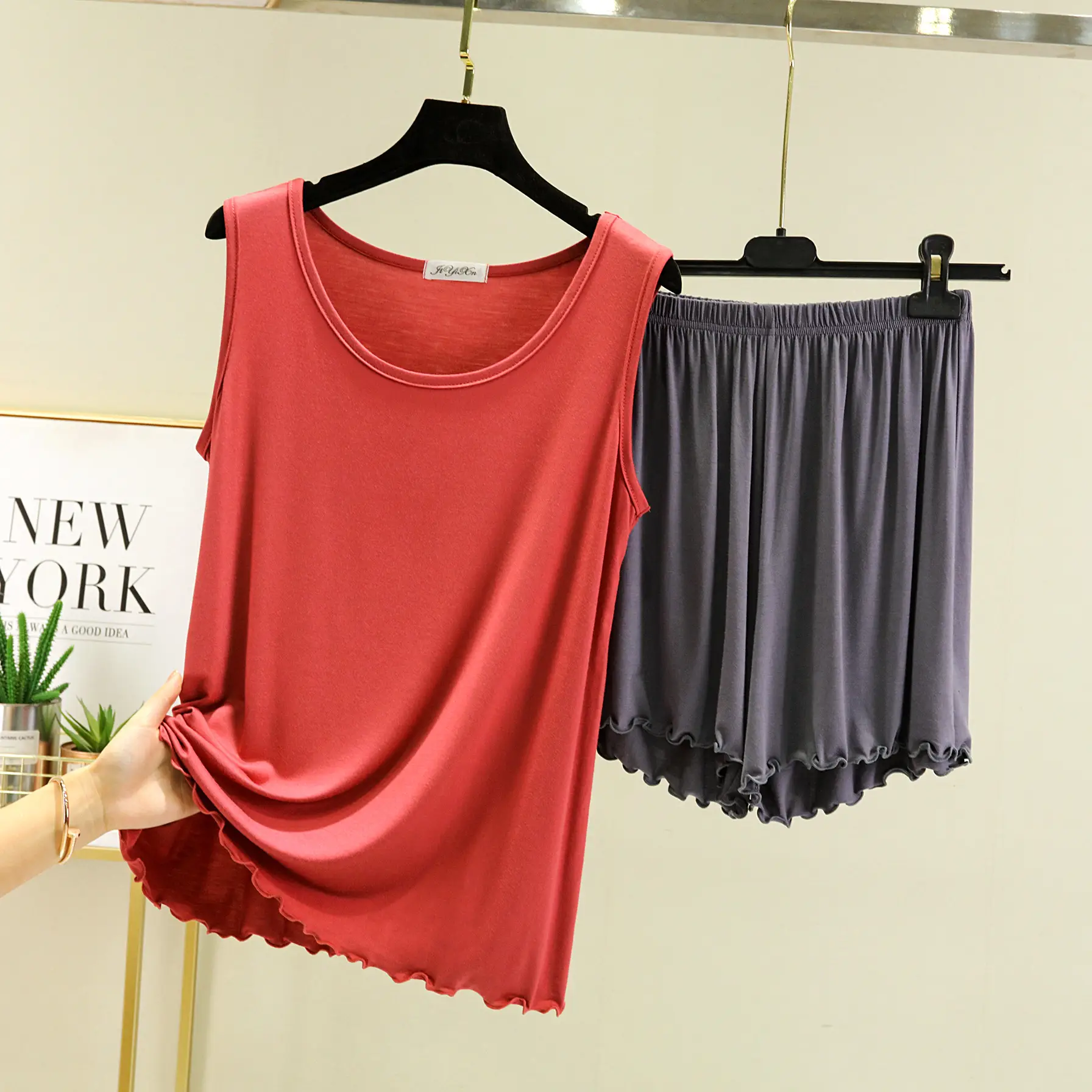 Black Modal Crewneck Vest & Shorts Set for Women