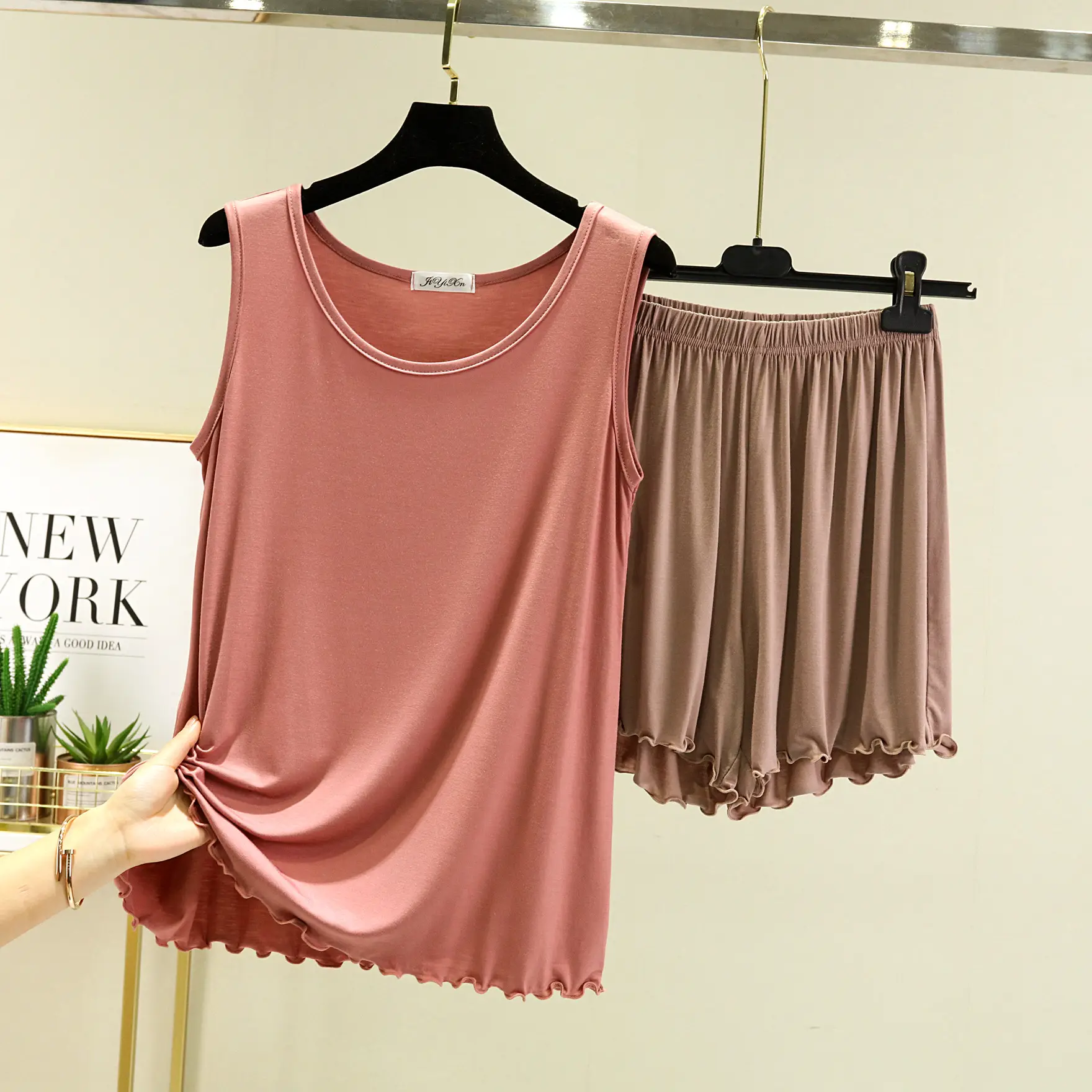 Black Modal Crewneck Vest & Shorts Set for Women