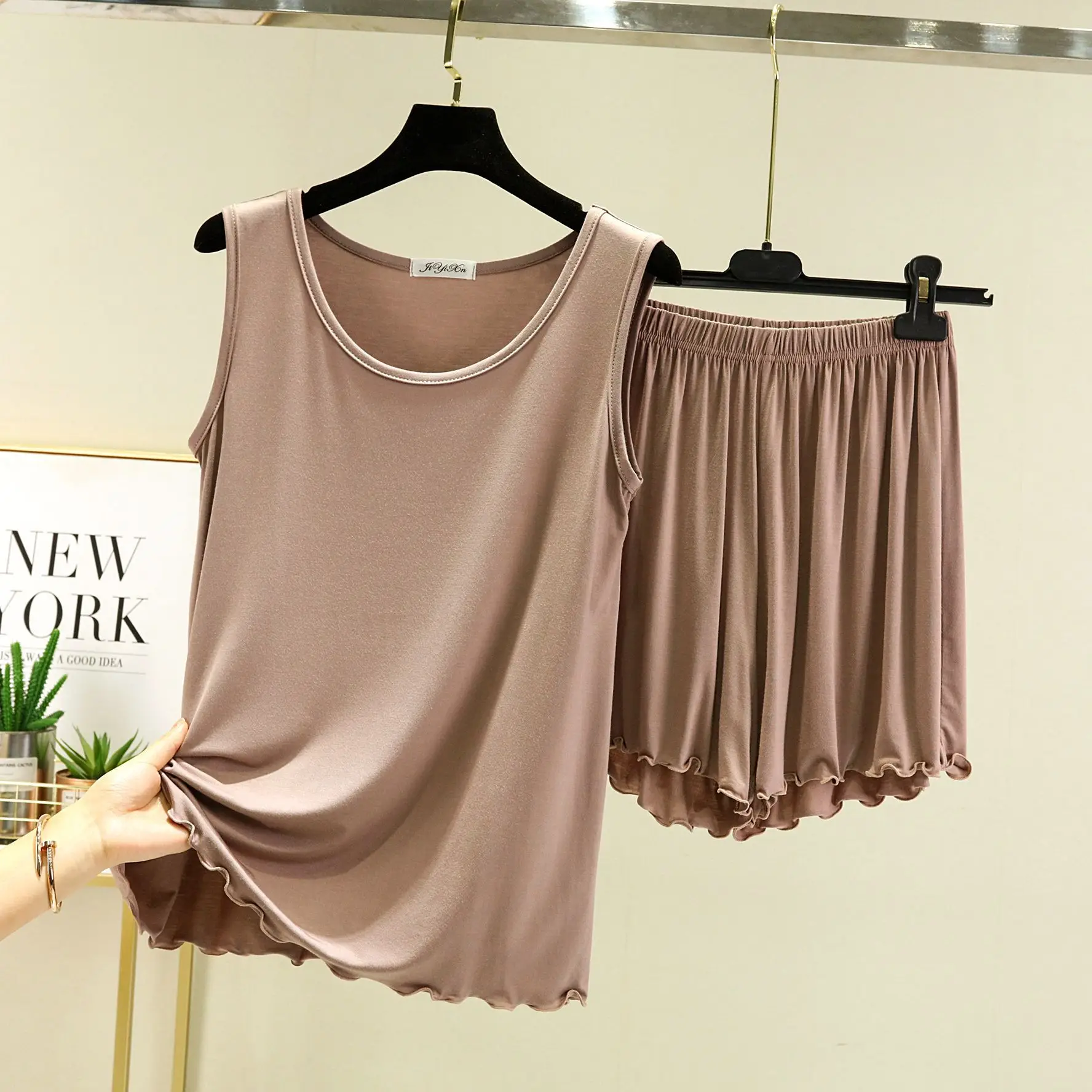 Black Modal Crewneck Vest & Shorts Set for Women