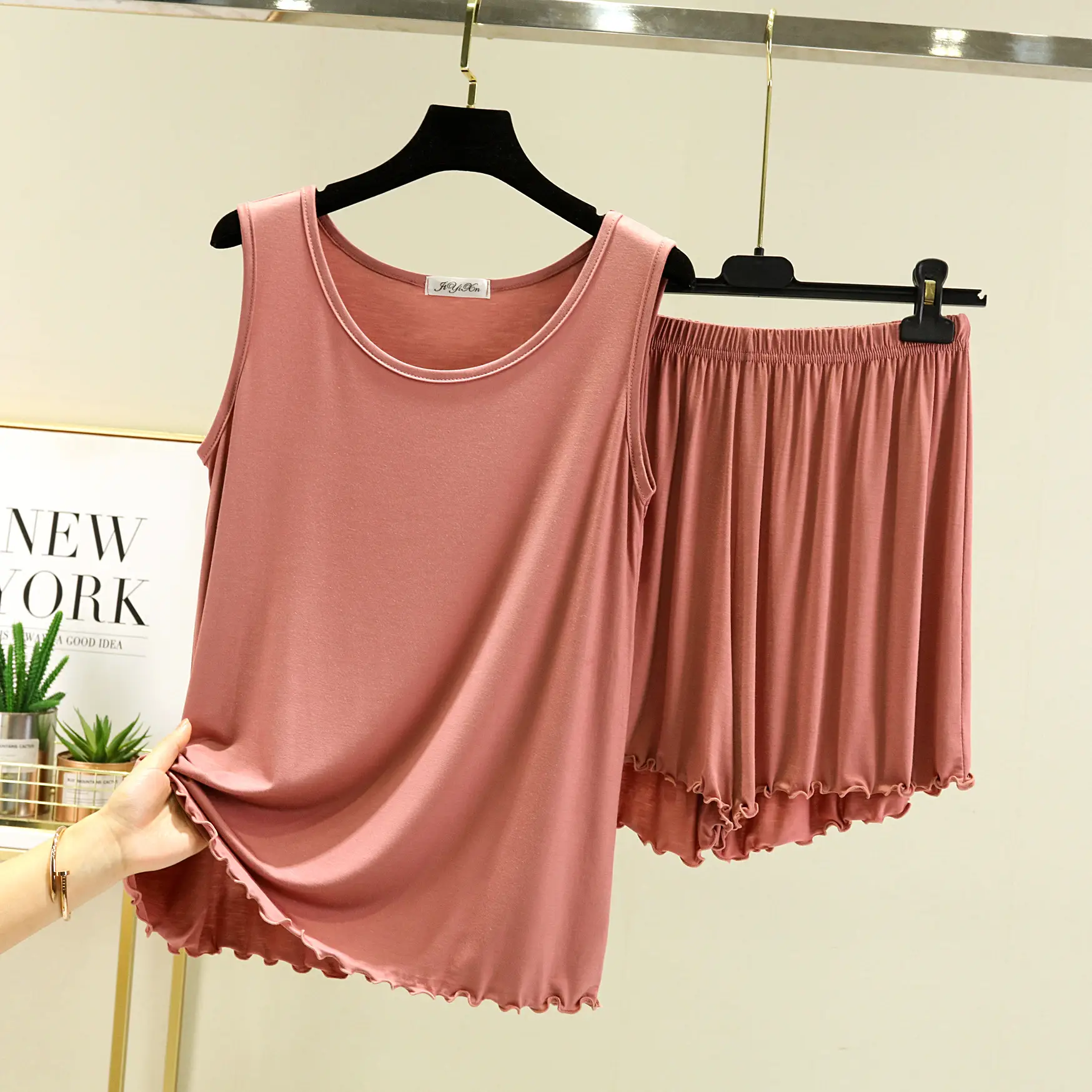 Black Modal Crewneck Vest & Shorts Set for Women
