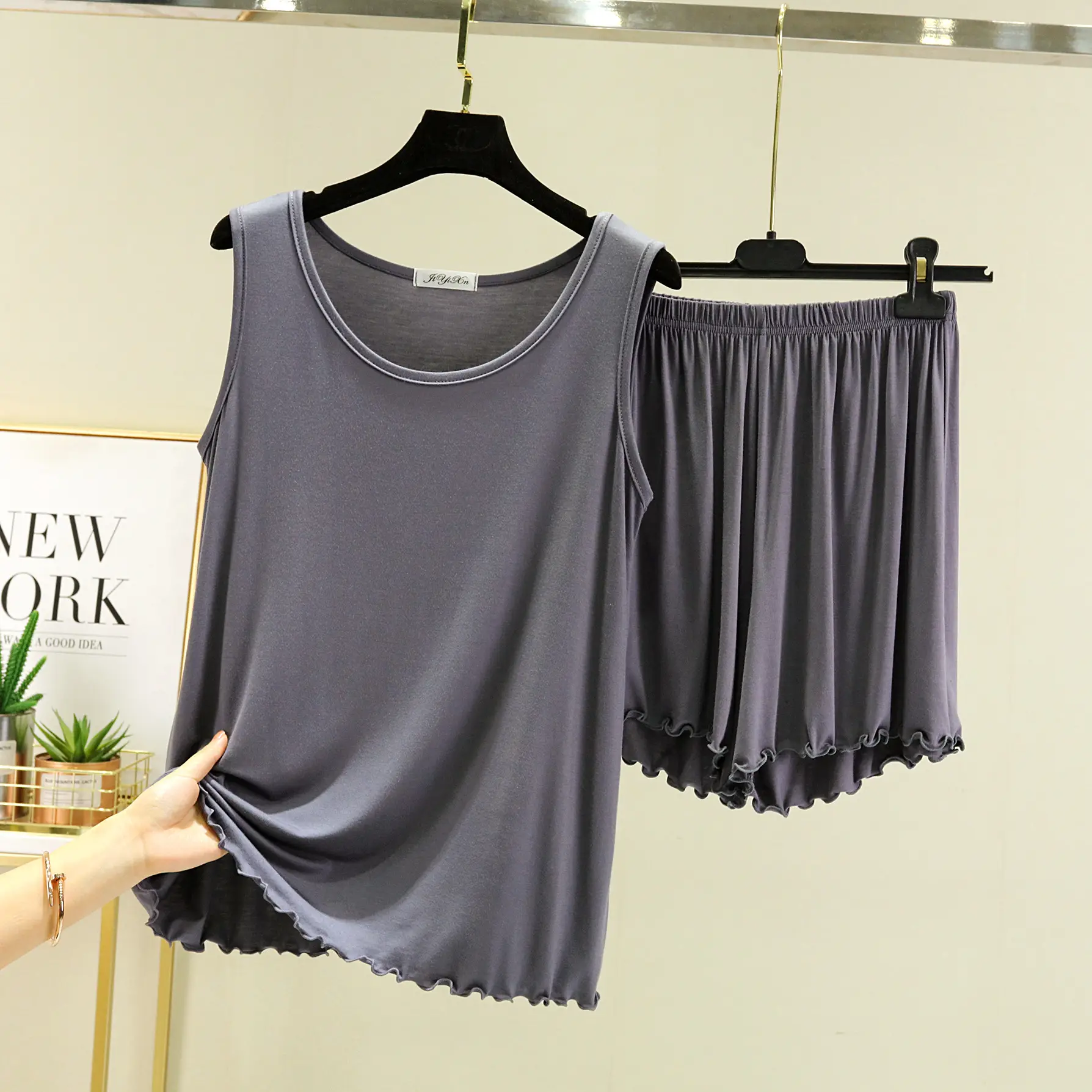 Black Modal Crewneck Vest & Shorts Set for Women
