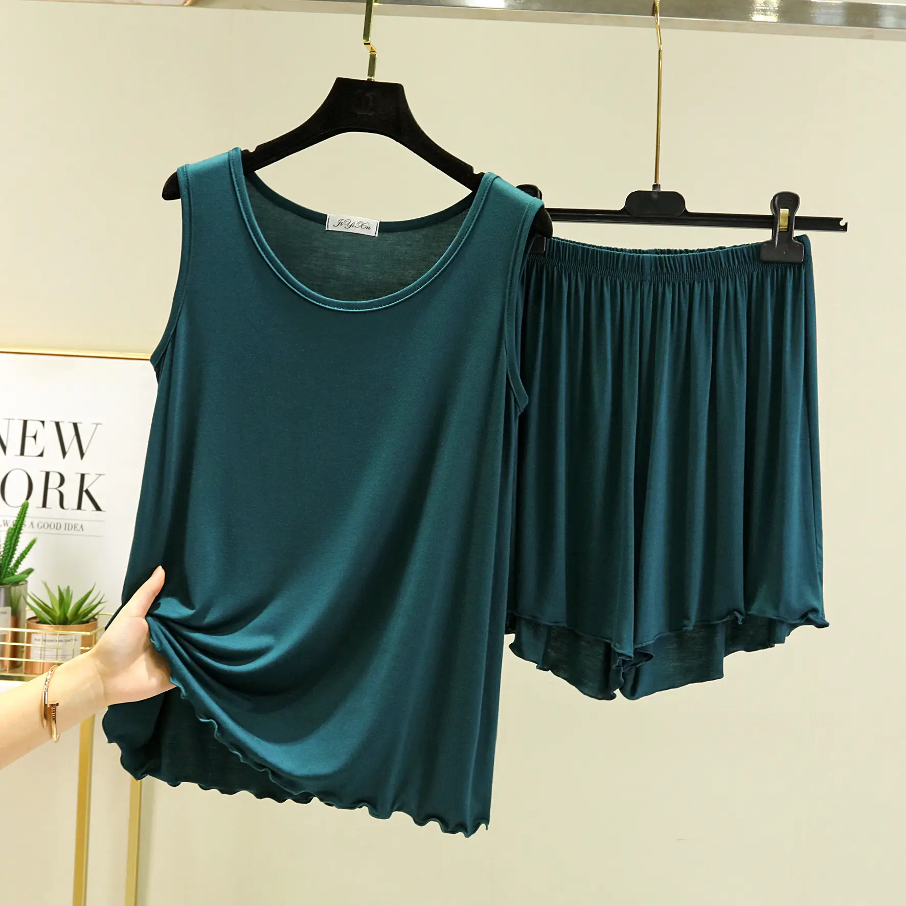 Black Modal Crewneck Vest & Shorts Set for Women