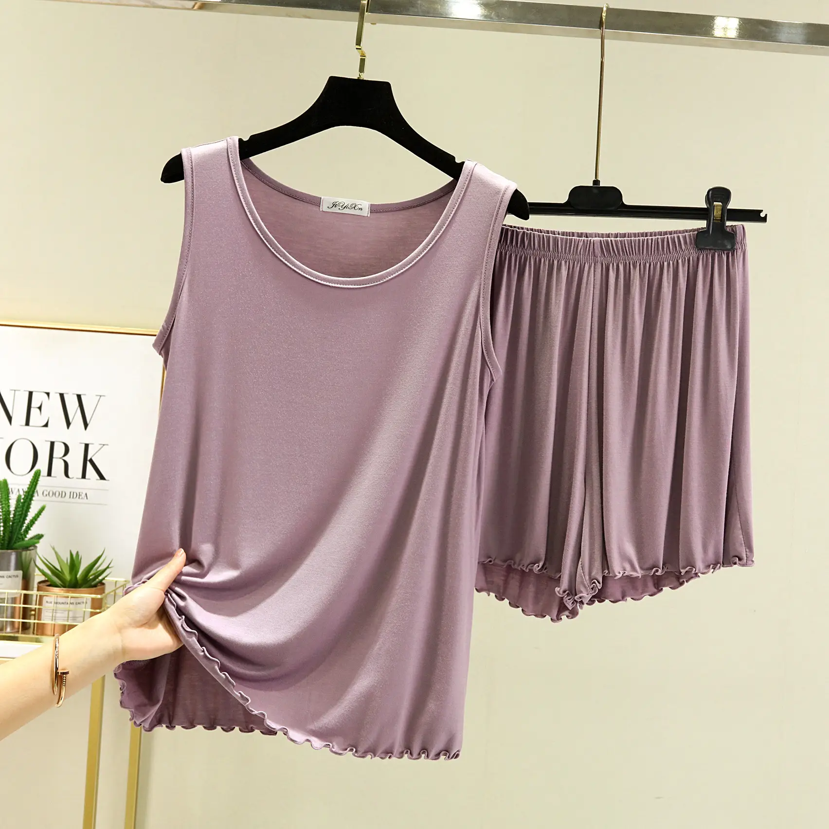 Black Modal Crewneck Vest & Shorts Set for Women