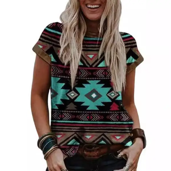 Women's 2022 Ethnic Crewneck T-Shirt with Paisley Print