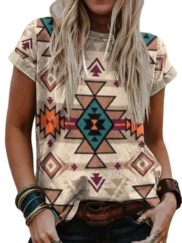 Women's 2022 Ethnic Crewneck T-Shirt with Paisley Print