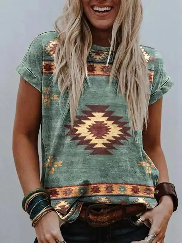 Women's 2022 Ethnic Crewneck T-Shirt with Paisley Print
