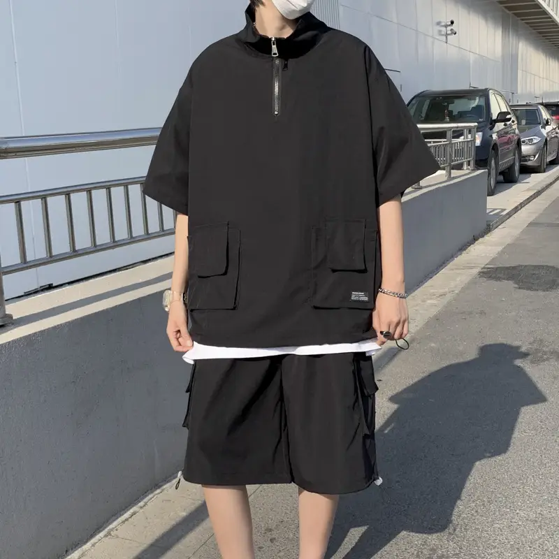 Men Black Zipper T-Shirt Set Spring Summer - Image 6