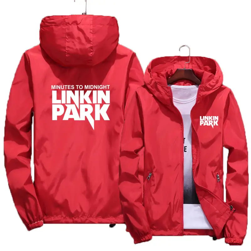 Men Red Hooded Windbreaker Jacket Large 2022 - Image 9