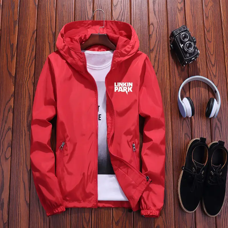 Men Red Hooded Windbreaker Jacket Large 2022 — feature 23