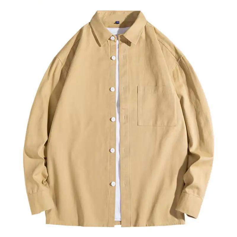 Men's Long Sleeve Pure Cotton Shirt Tan White Button Front - Image 7