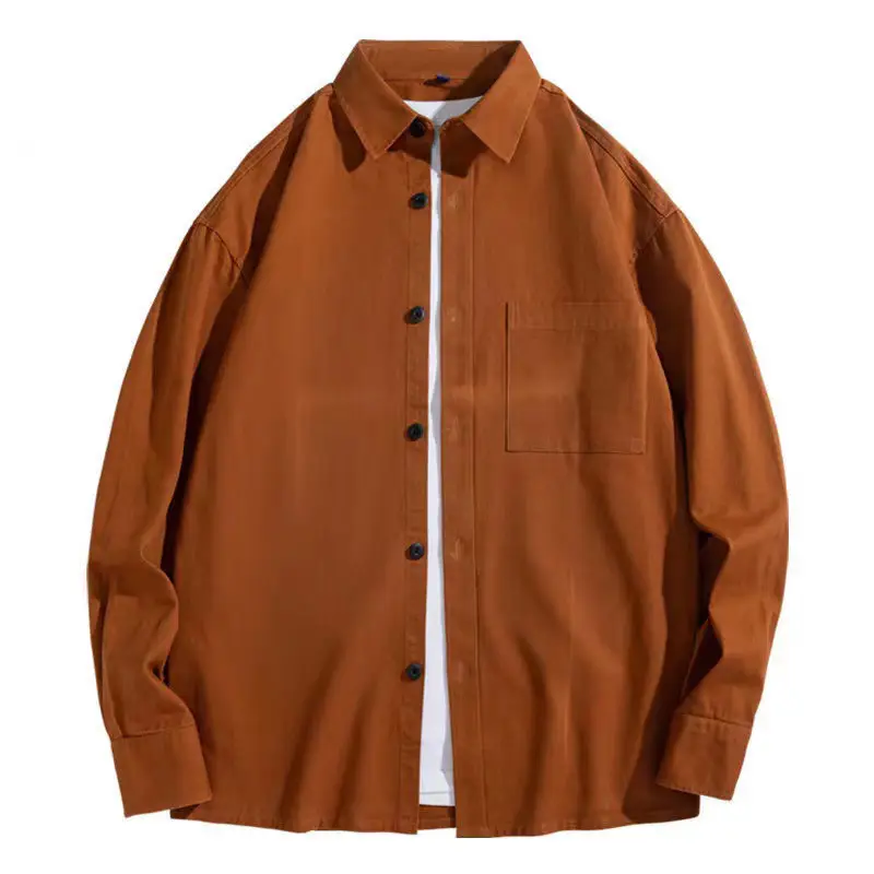 Men's Long Sleeve Pure Cotton Shirt Tan White Button Front - Image 2