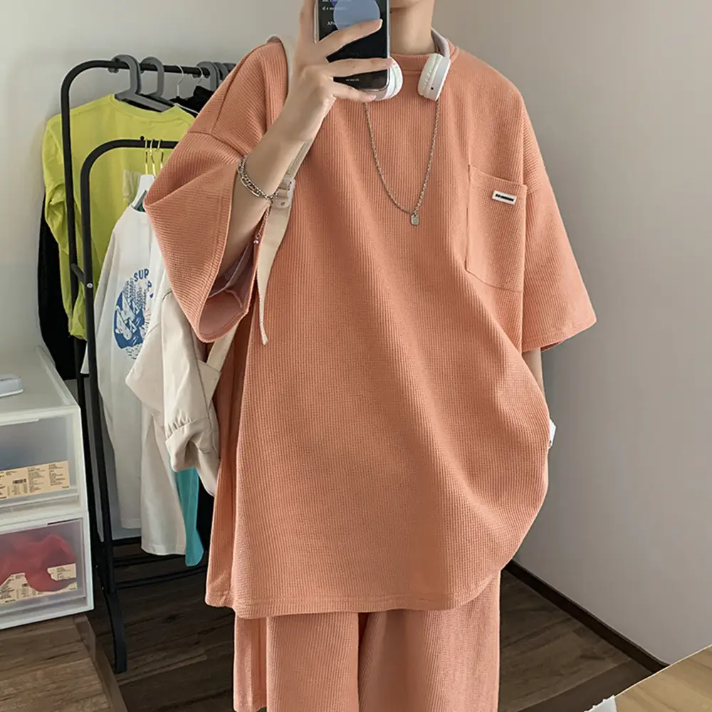 Men's T-Shirt Shorts Set Wafflour Orange Short Sleeve Summer - Image 10