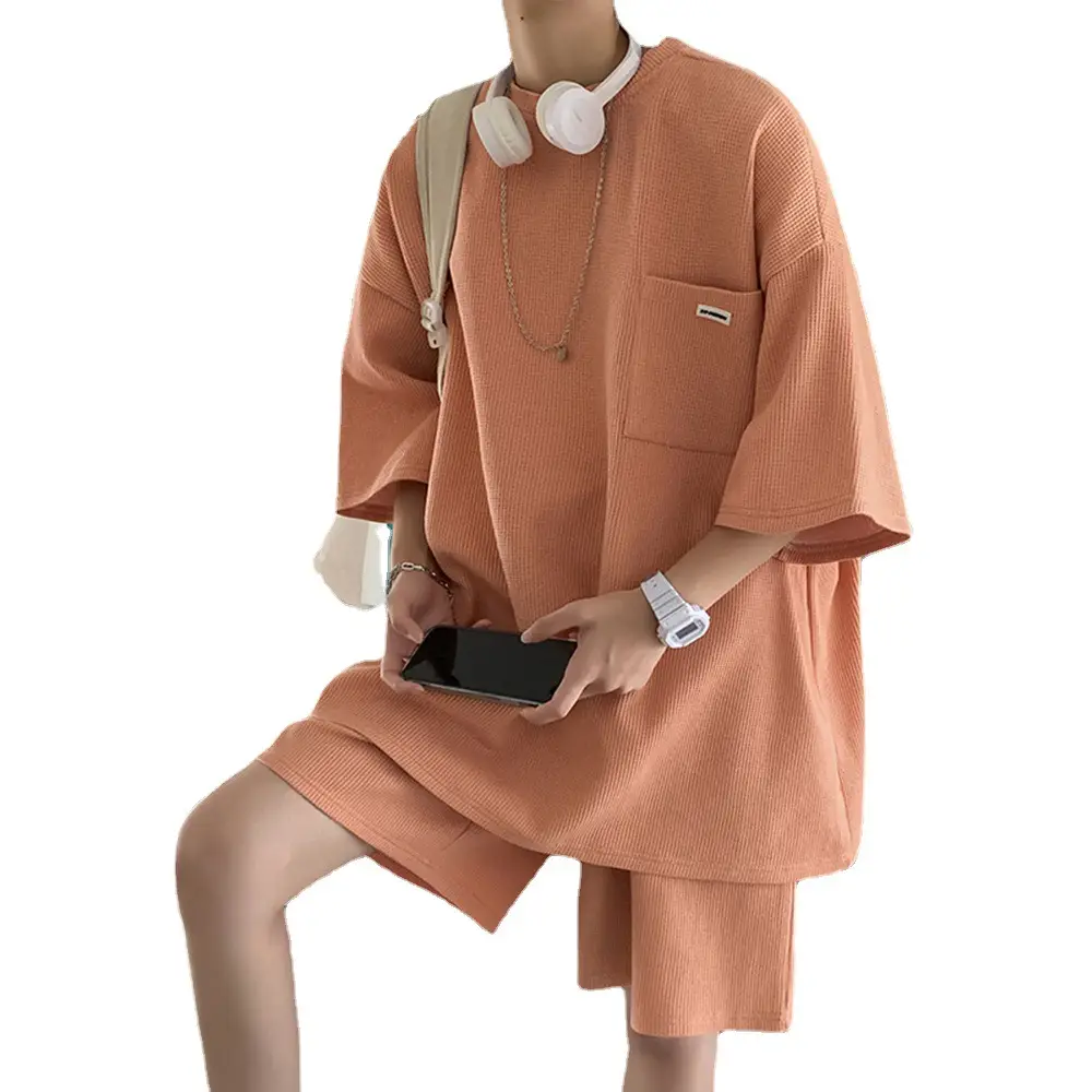 Men's T-Shirt Shorts Set Wafflour Orange Short Sleeve Summer - Image 11