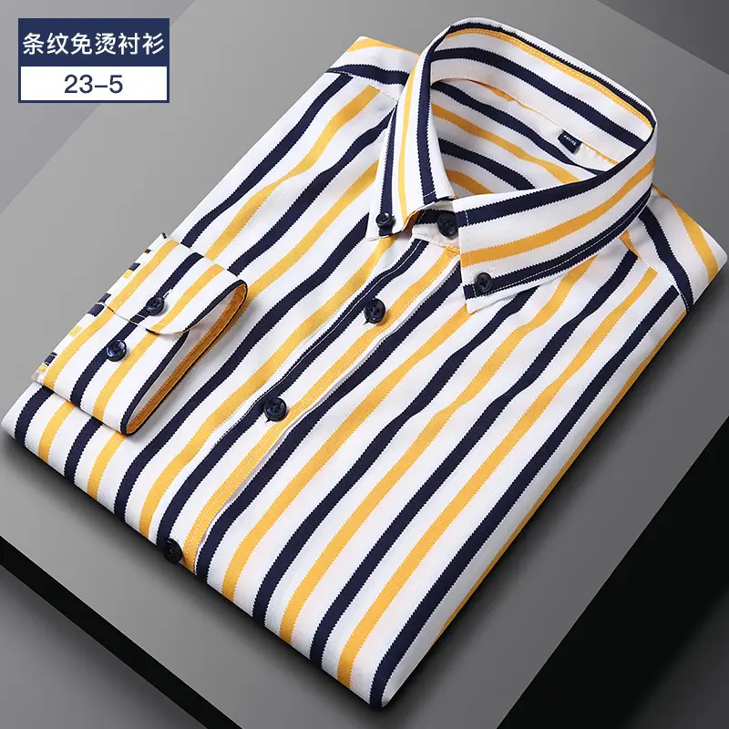 Men Striped Long Sleeve Shirt Navy Yellow Black Business Casual - Image 4
