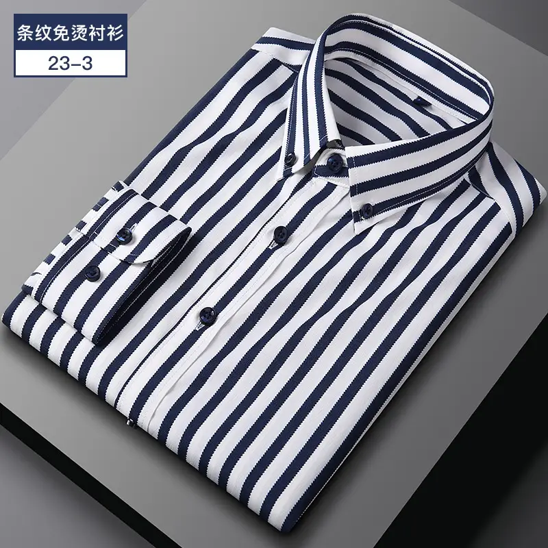Men Striped Long Sleeve Shirt Navy Yellow Black Business Casual - Image 3