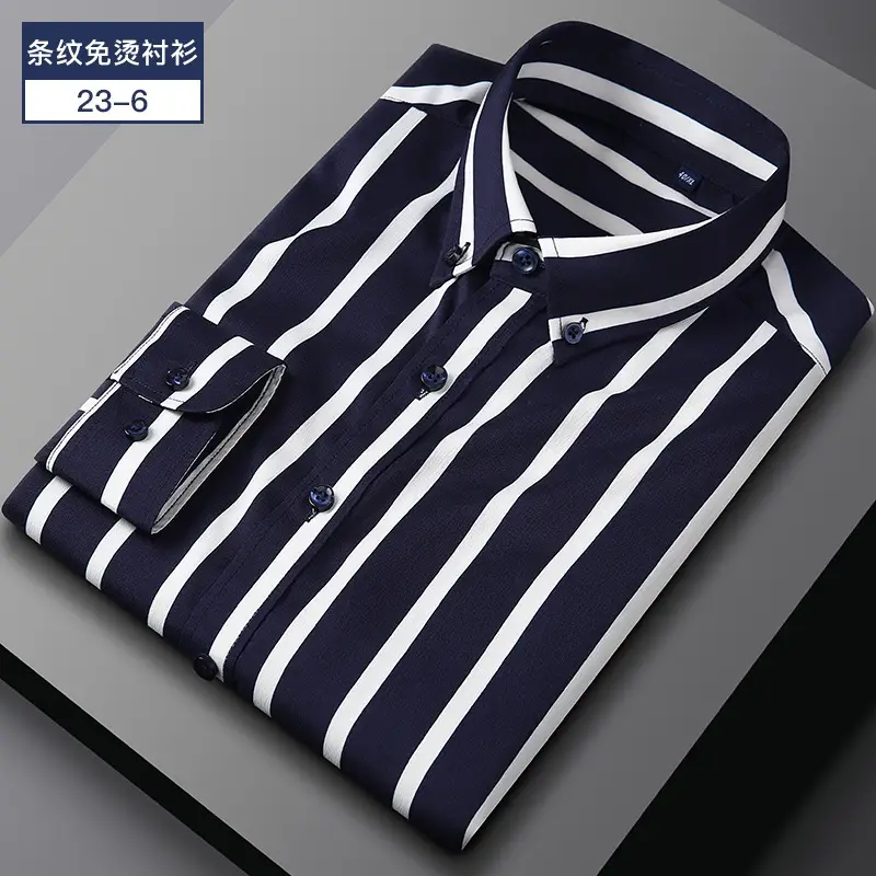 Men Striped Long Sleeve Shirt Navy Yellow Black Business Casual - Image 5