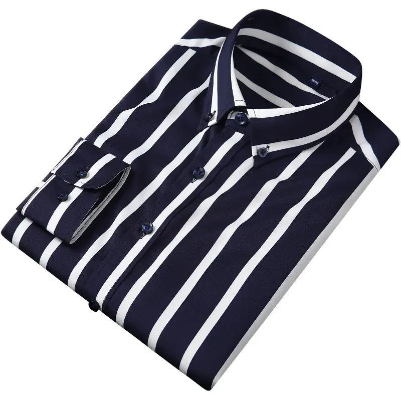 Men Striped Long Sleeve Shirt Navy Yellow Black Business Casual - Image 14