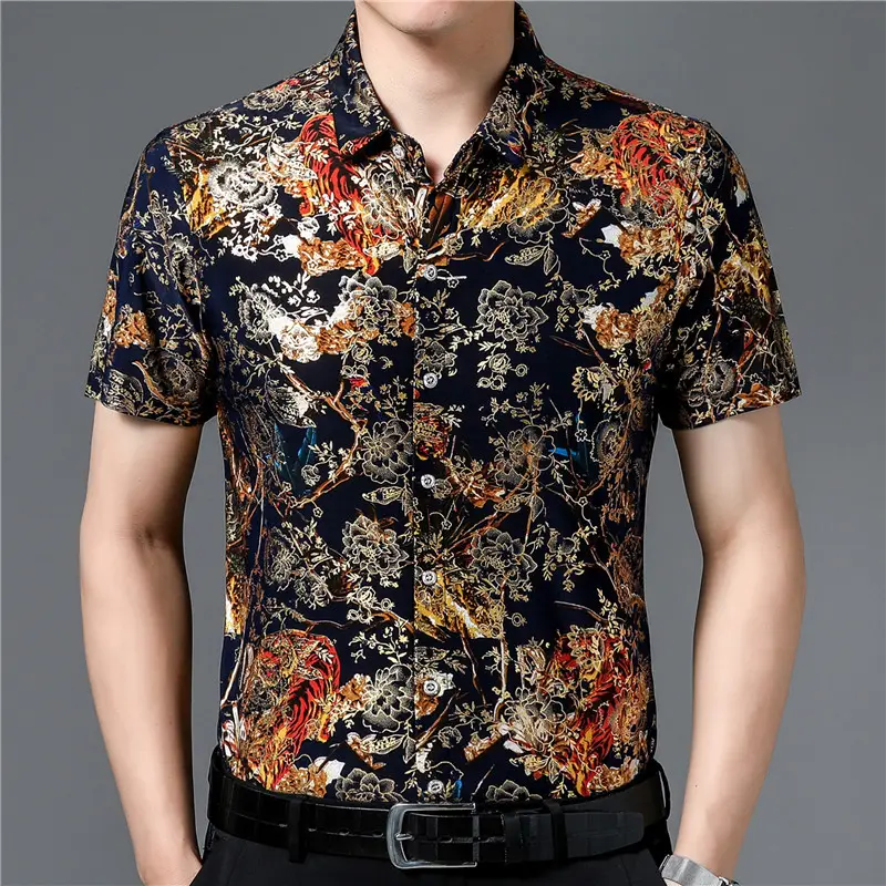 Middle-aged Men Floral Short Sleeve Ice Silk Shirt - Image 22