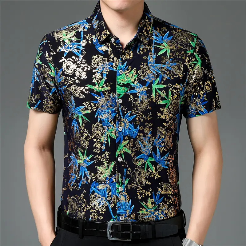 Middle-aged Men Floral Short Sleeve Ice Silk Shirt - Image 23
