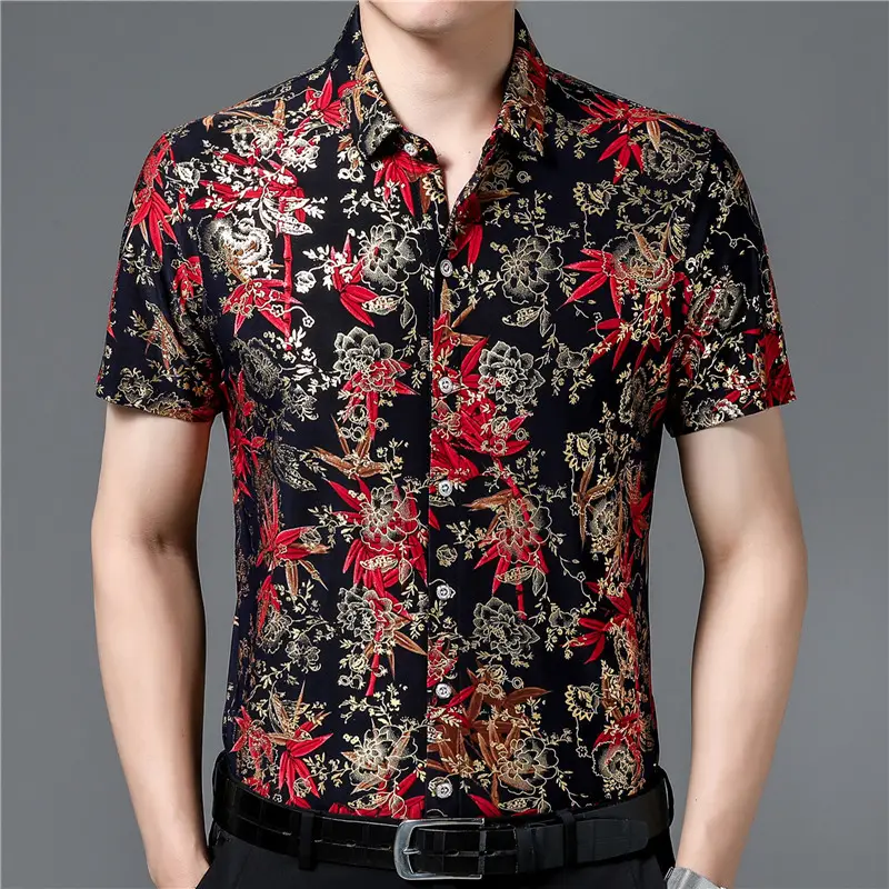 Middle-aged Men Floral Short Sleeve Ice Silk Shirt - Image 24